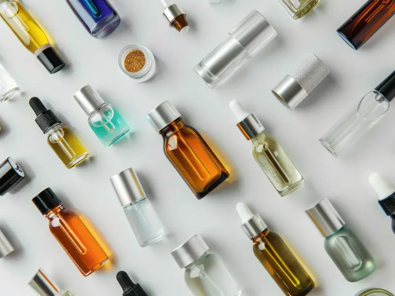 diversos frascos de diferentes tipos de séruns deitados numa mesa