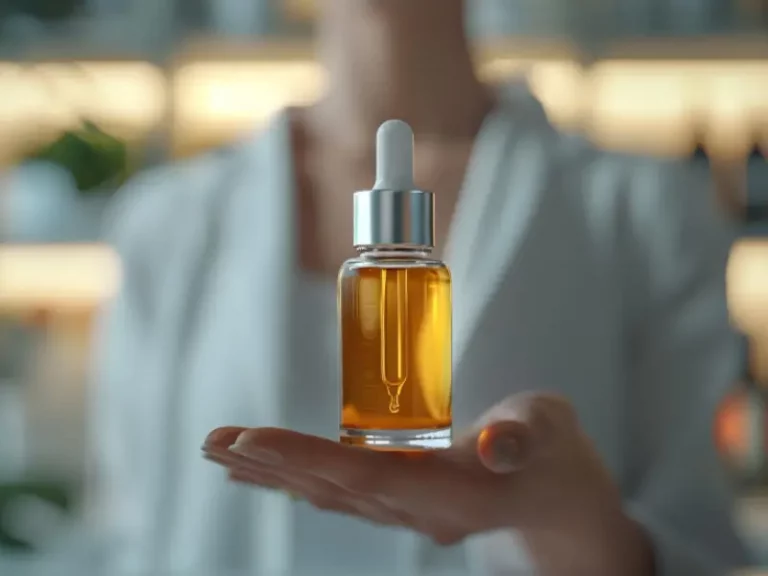 mulher a segurar um frasco de retinol