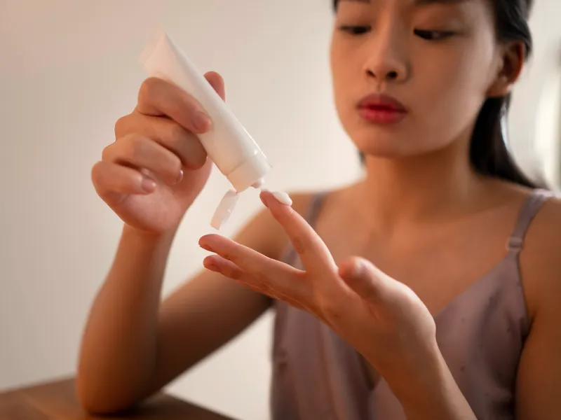 mulher asiática com frasco de BB cream numa mão e a deitar uma pequena quantidade no dedo indicador da outra mão