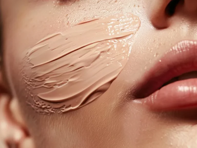 retrato muito próximo de o rosto de uma mulher com BB cream aplicado