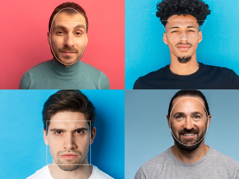 fotos de quatro homens diferentes para mostrar os rostos ovais, triangulares, quadrados e redondos
