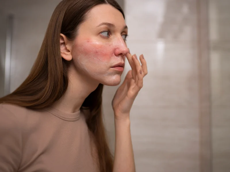 mulher a aplicar creme no rosto para tratar rosácea