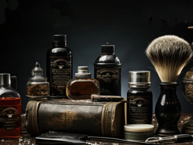 vários produtos para a barba pousados numa mesa com um fundo preto