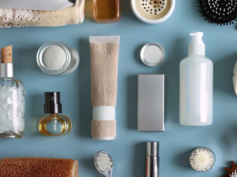 conjunto de cosméticos e produtos de higiene pessoal deitados num fundo azul