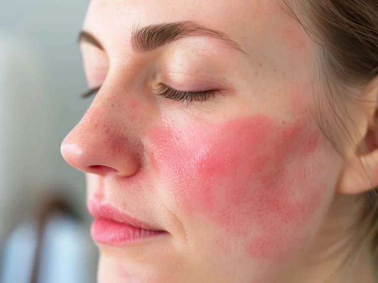 foto próxima de uma mulher com manifestações de rosácea no rosto