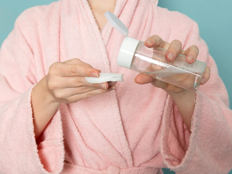 mulher com robe cor de rosa a deitar água micelar num disco de algodão