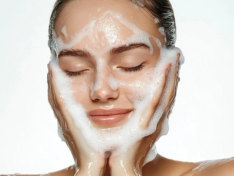 mulher a aplicar gel de limpeza no rosto