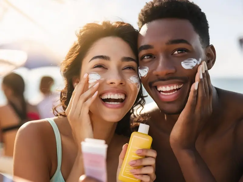 homem e mulher de pele negra a colocar protetor solar no rosto