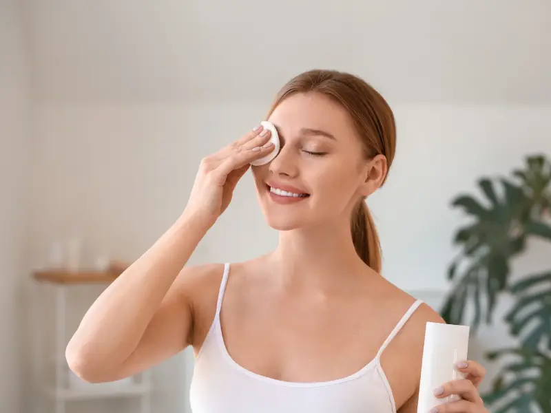 mulher a aplicar toner facial