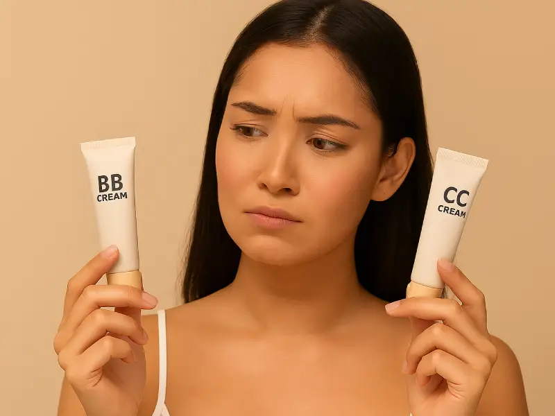 mulher indecisa a segurar numa mão um BB cream e noutra um CC cream