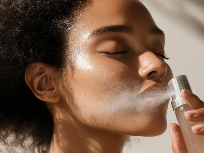 mulher a aplicar bruma facial