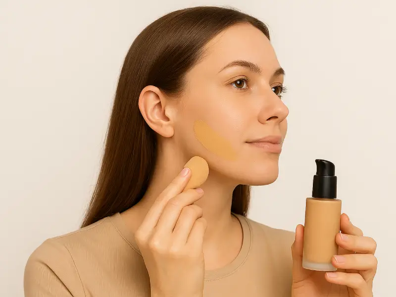 mulher a aplicar base na linha do maxilar