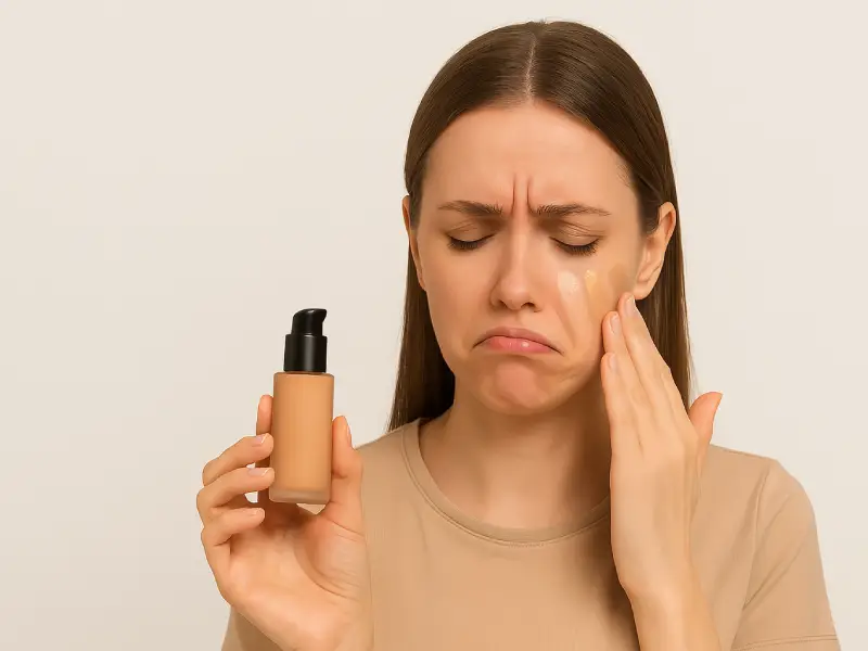 mulher triste por ter errado a escolher a cor de base