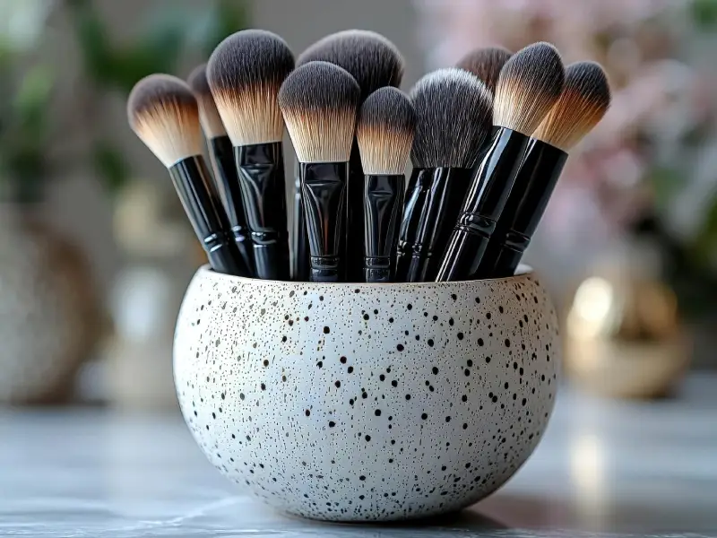 pinceis e maquilhagem num pote