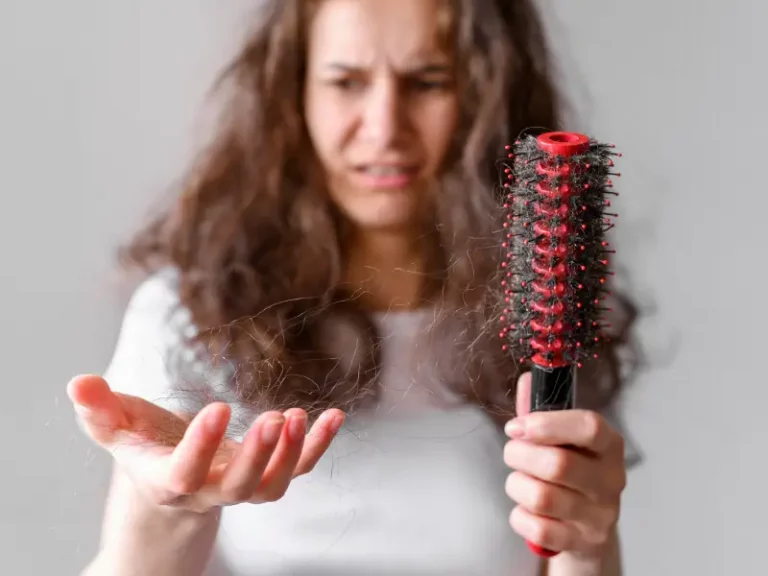 mulher a segurar uma escova e com cabelo frizado