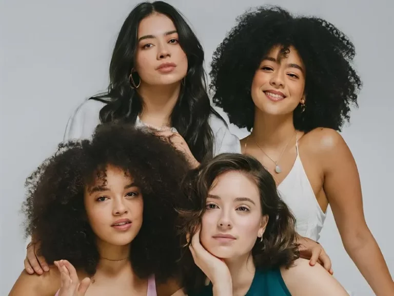quatro mulheres com diferentes tipos de cacho de cabelo